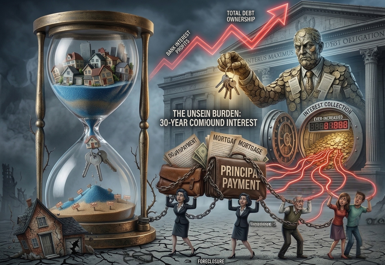 The Unseen Burden: 30-Year Compound Interest — illustration showing how banks profit from homeowner mortgage payments through interest collection, foreclosure risk, and debt obligation
